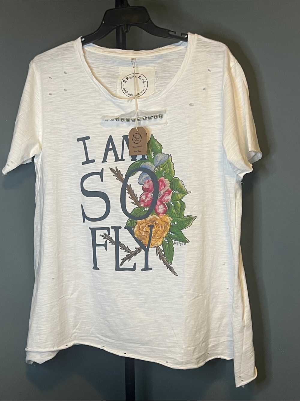 I AM SO FLY Floral Graphic Short Sleeve Distressed Tee - White